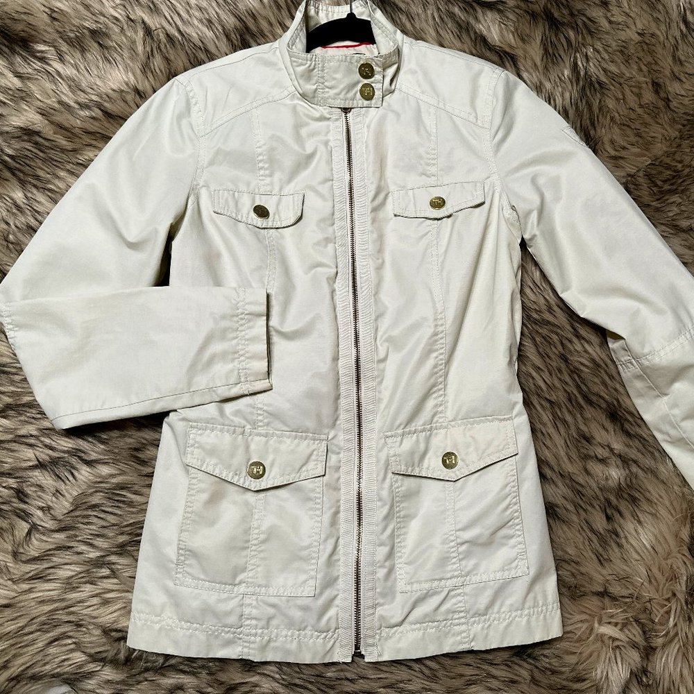Womens Tommy Hilfiger Windbreaker Tan Beige Jacket Coat Small Lightweight Lined - Picture 1 of 7